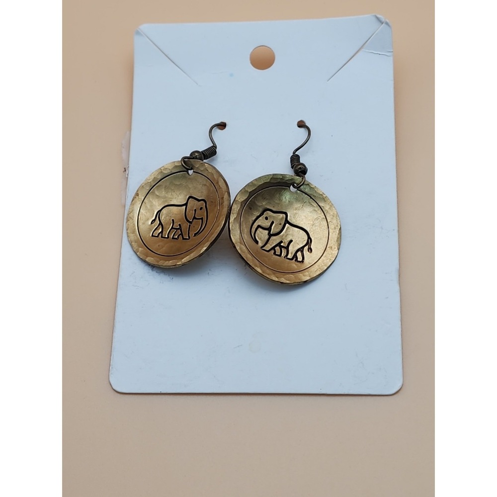Stamped Elephant Brass‎ Concave Hammered Disc Dangle Earrings FREE $HIPPING!!